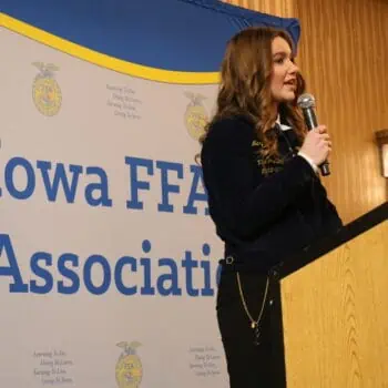 Iowa FFA state officer Mary Ann Fox talking while in official dress